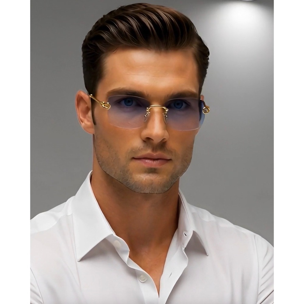 Mens Rimless Square Sunglasses Blue Gradient Gold Twisted Rope Frame Retro Shape - Picture 8 of 11